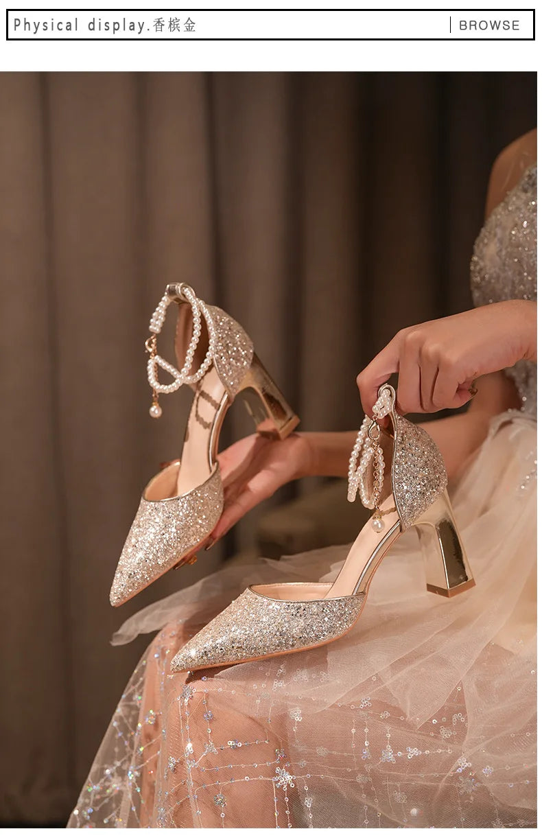 Pearl Embellished High Heel Ankle Strap Sandals for Women