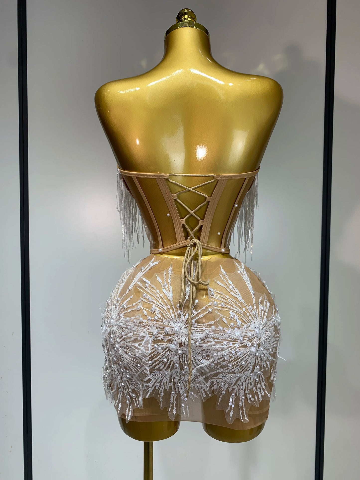 Women Sexy Mesh See Through Pearl Lace Party Mini Dress Celebrate Birthday Photo Shoot Wear Performance Stage Costume