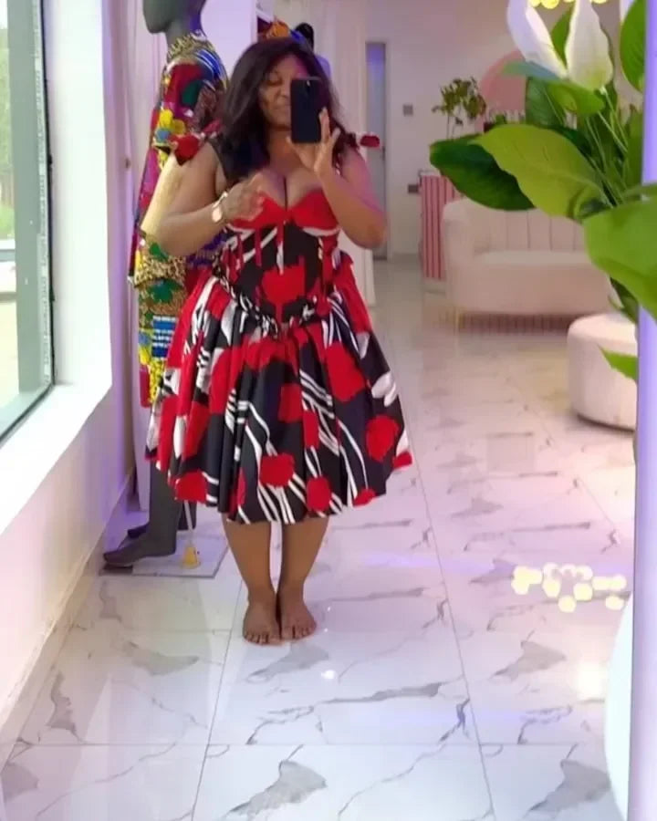 Customized Elegant Stylish Tube Top A-line Flower Print Waist-fitted Midi Dresses Fashion Summer Sexy Low-cut Bow Straps Casual