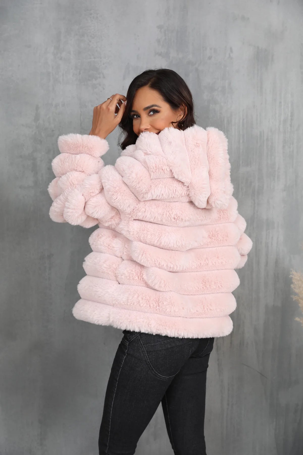 Warm Hooded Short Faux Fur Coat With Turn Down Collar for Women