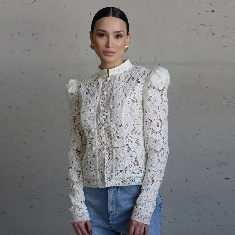 Elegant Embroidered Puff Sleeve Hollow Out Lace Blouse for Women