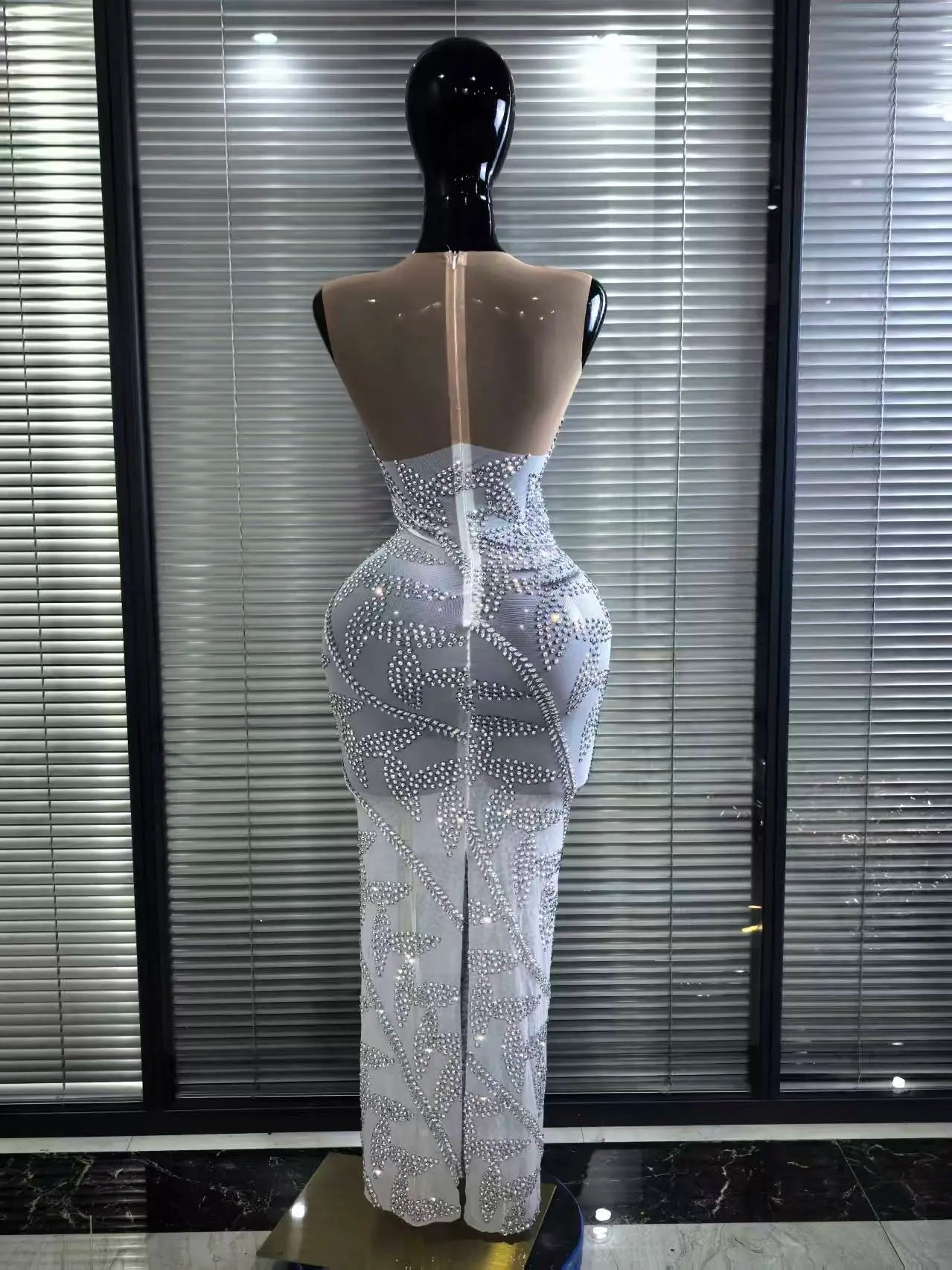 Sexy Mesh See Through Evening Prom Birthday Photo Shoot Singer Stage Outfit Luxury Rhinestone Sleeveless Silver Long Dress