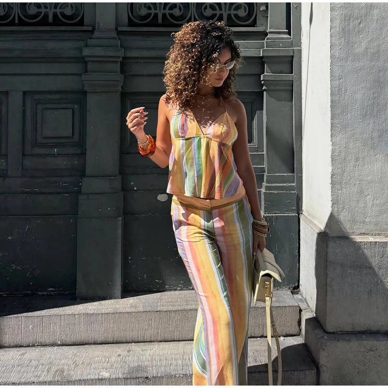 Cotton Striped High Waist Two Piece Summer Set For Women