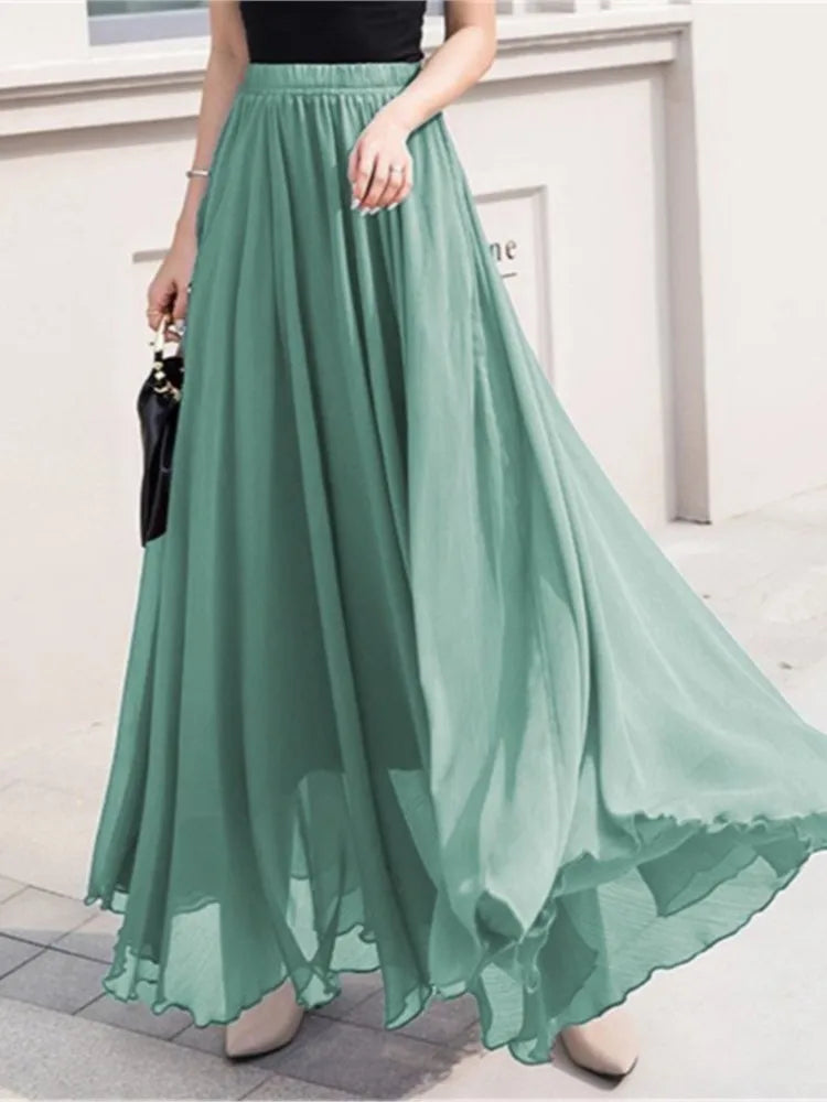 Elegant Solid Color Chiffon A-Line Skirt with High Waist for Women