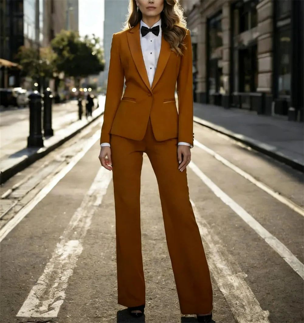 Elegant Women’s Brown Tuxedo Suit 2 Pieces Set Formal Blazer & Pants Tailored Fit Party Outfit (Jacket+Pants)