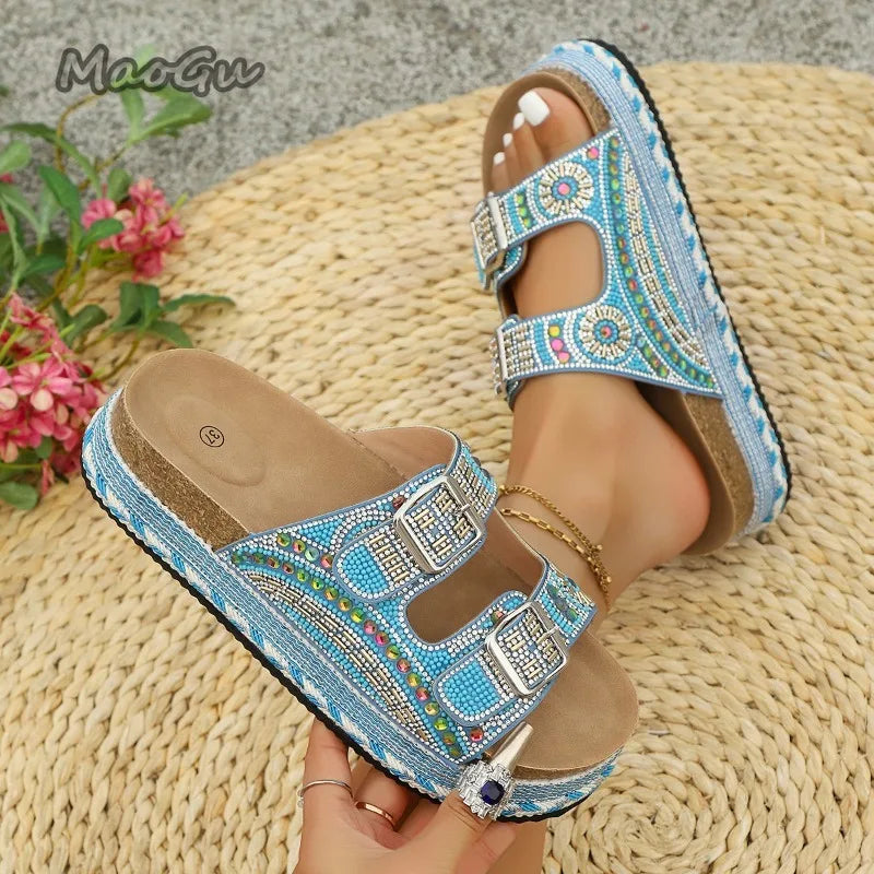 Bohemian Rhinestone Embroidered Platform Sandals For Women