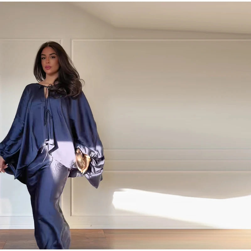 Casual Solid Batwing Sleeve Shirt Skirt Set for Women