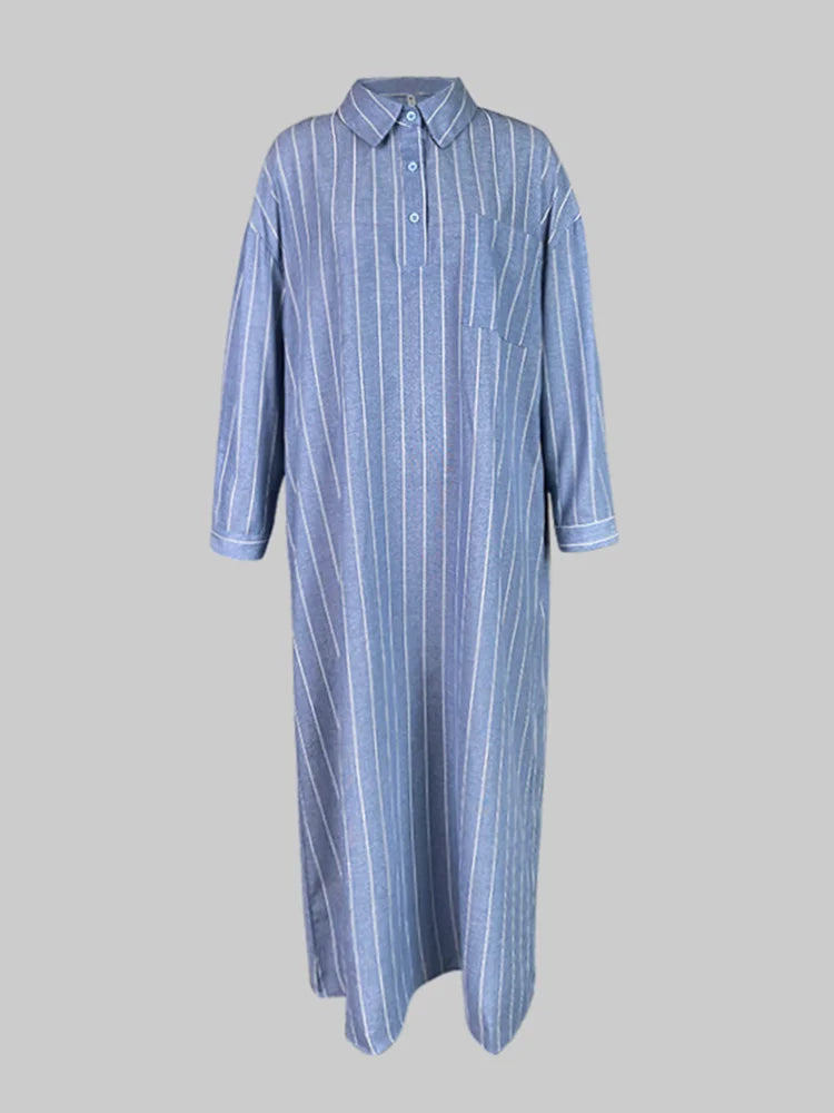 Women's summer New V-neck Fashionable Button Striped Round Neck Long Sleeved Simple Loose Long Sleeved Pullover Dress