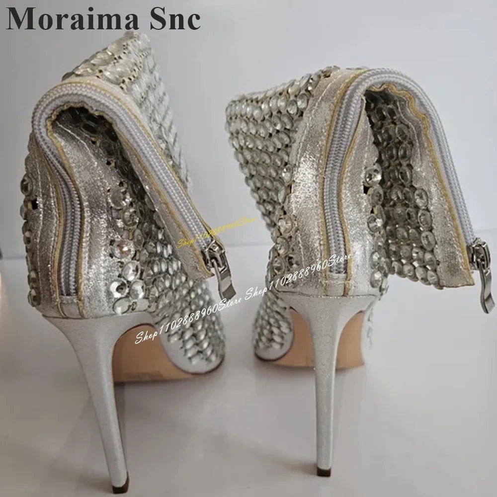Crystal Net High Heel Pointed Toe Mid Calf Boots for Women