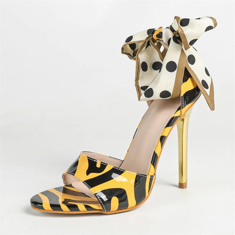 Zebra Pattern Silk Lace Up Leather Open Toe Sandals for Women