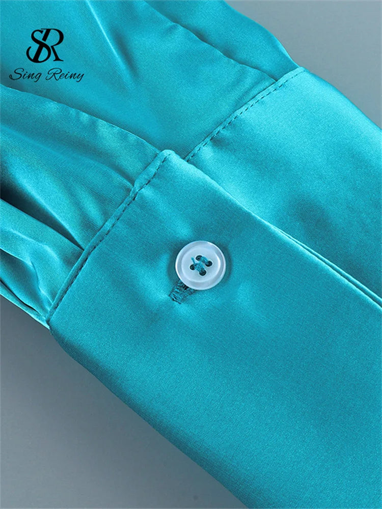 Slim Fit Satin Long Sleeve Button-Up Blouse for Women