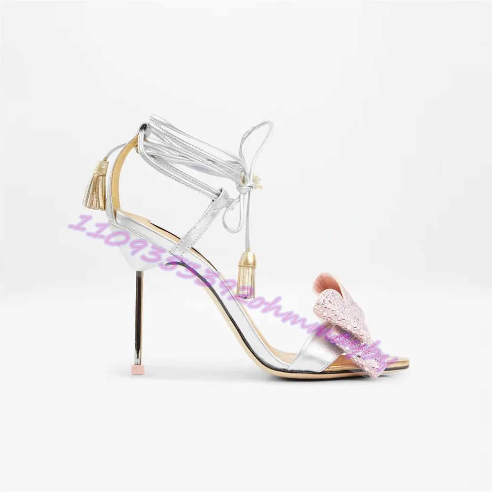 Rhinestone Bow Open Toe Ankle Wrap High Heel Sandals for Women