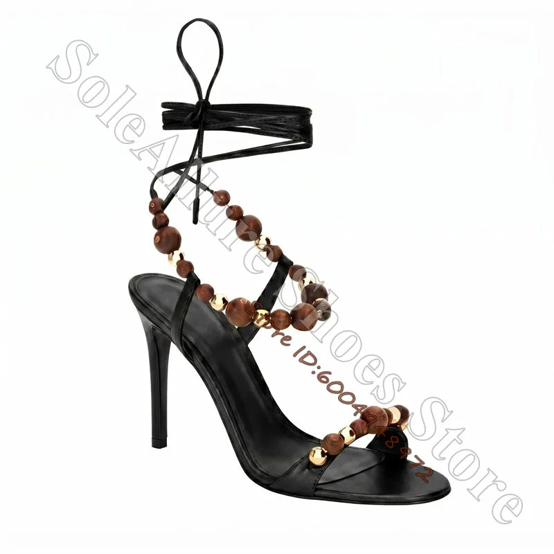 Metallic Gold Open Toe Lace Up Wood Bead Stiletto Sandals for Women