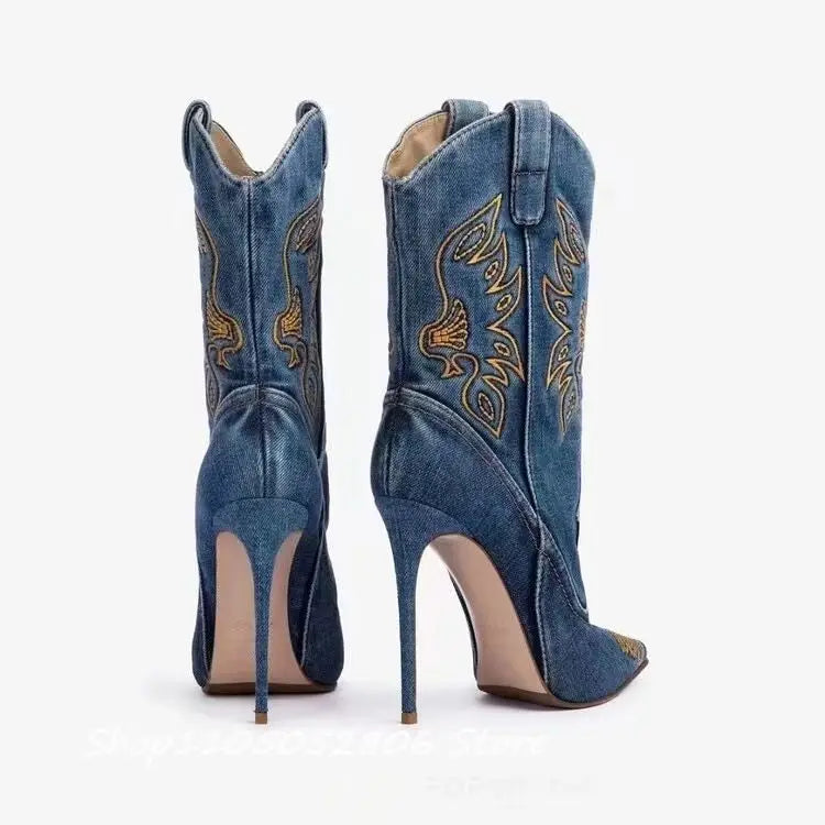 Embroidery Punk Point Toe Mid Calf Boots With Thin Heel For Women
