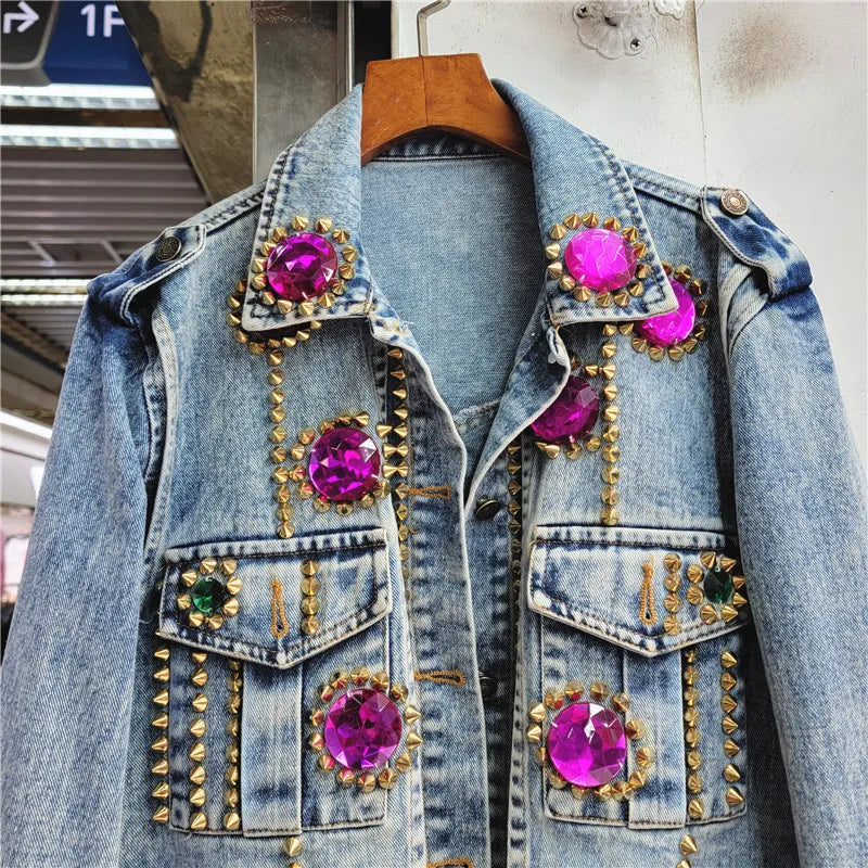 Elegant Rhinestone Beaded Lapel Denim Jacket for Women