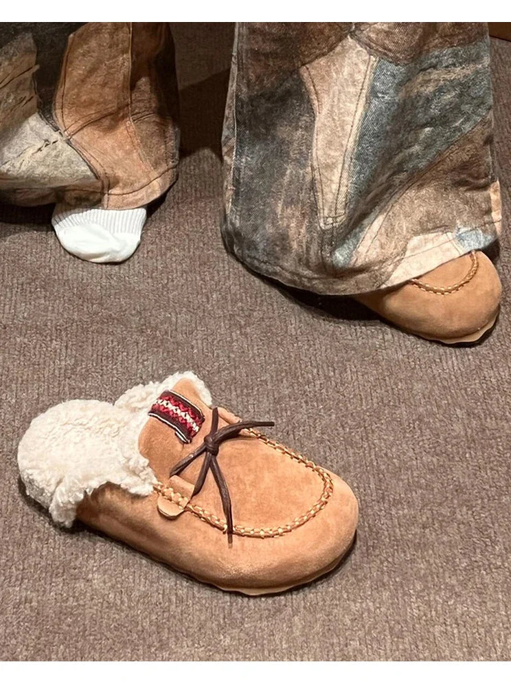Sheepskin Fluffy Closed Toe Slippers Women Mules Shoes Warm Lace Up Indoor and Outdoor Cotton Shoes Female Winter Fashion