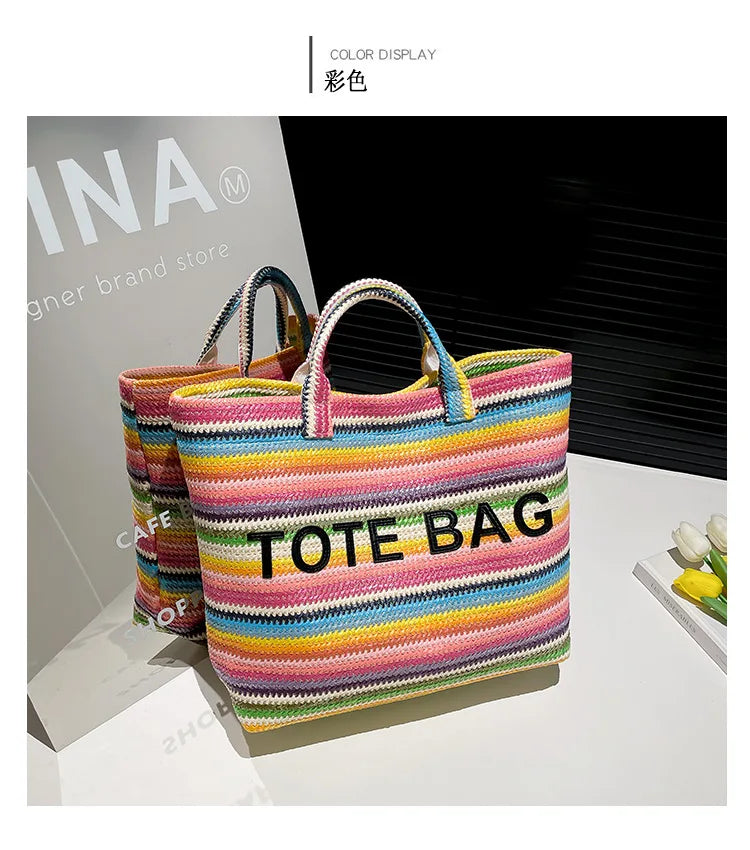 Large capacity beach woven bag, colorful striped tote bag, letter contrasting handbag for women