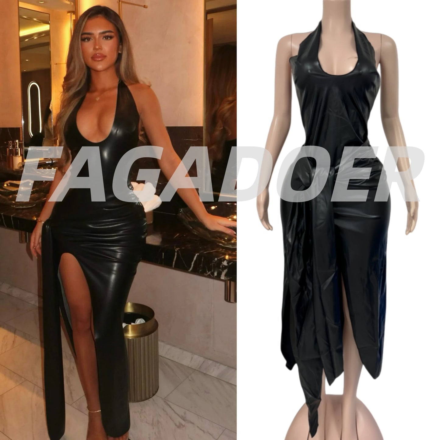 FAGADOER Sexy Ruched Patchwork Bodycon Long Dress Women Halter Deep V-neck Backless Dresses Female Streetwear Vestidos 2025 New