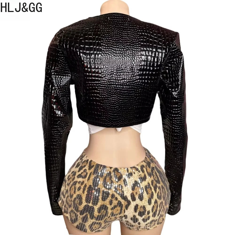 Chic Leopard Print Sequin Three Piece Set for Women