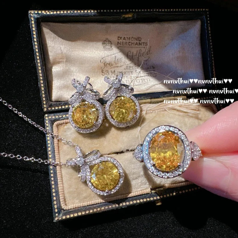 Round Cut Yellow Cubic Zirconia Bridal Jewelry Set for Women