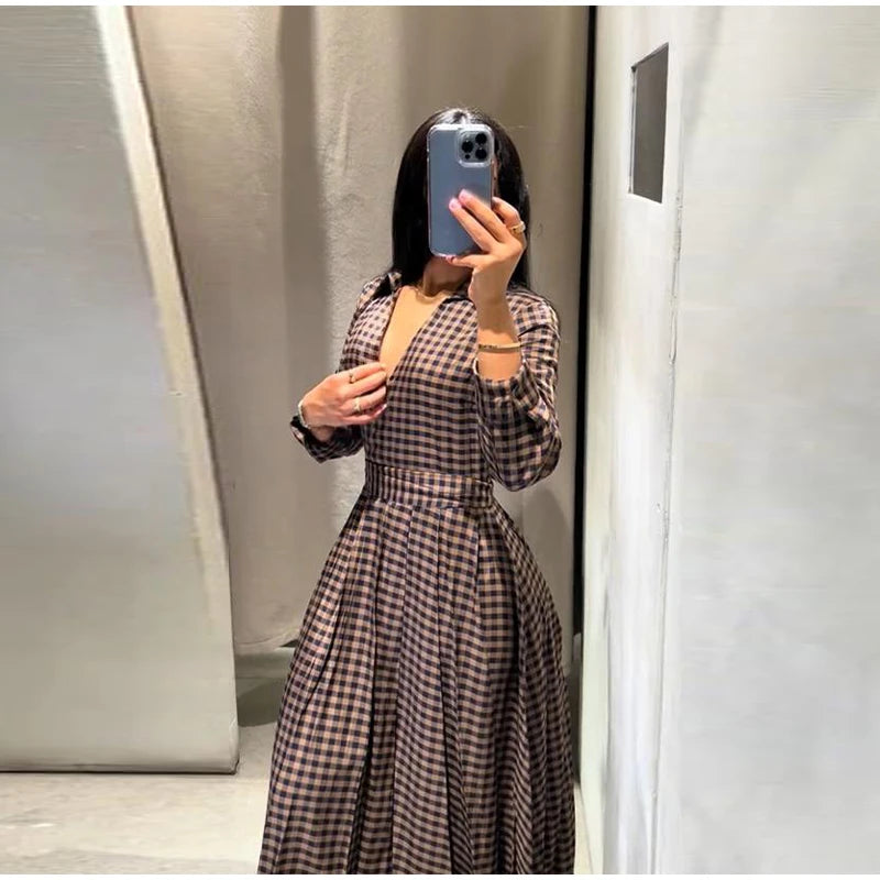 Elegant Plaid Women's Long Dresses Loose Tie Up Bow Laple Full Sleeve A-line Dress For Woman 2026 Spring New Lady Party Robes