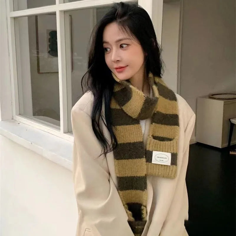Striped Knit Scarf Wrap With Pockets
