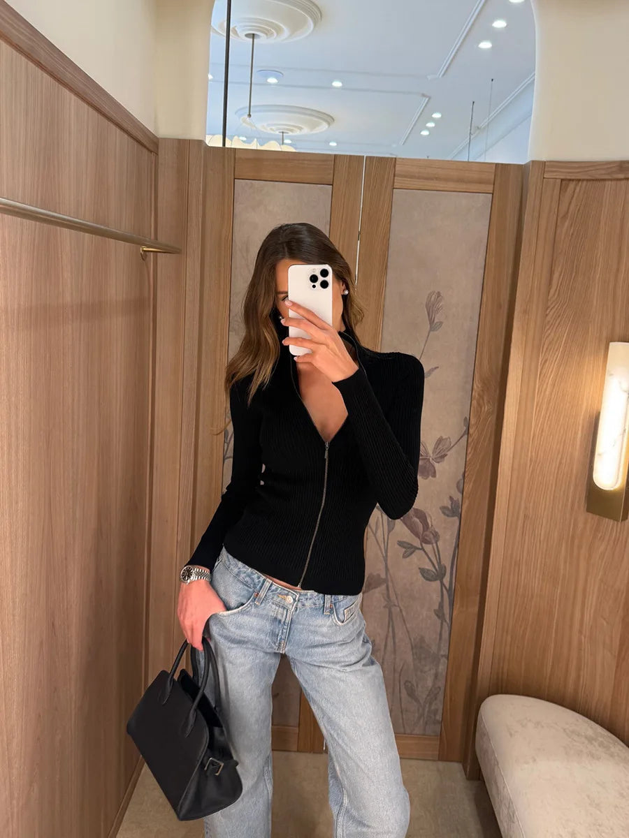 Ribbed Knit Zip Up Cardigan With Stand Collar For Women