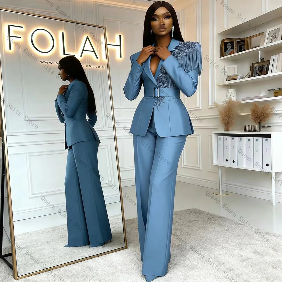 Classic Blue Two Piece Blazer And Trousers Set For Women