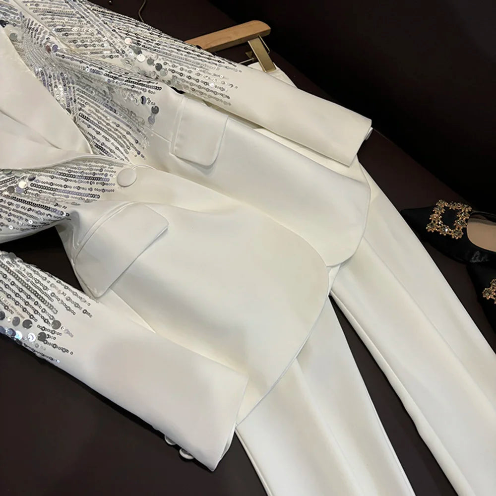 TWOTWINSTYLE Casual Luxury Solid Two Piece Sets For Women Lapel Long Sleeve Top High Waist Pants Elegant Set Female KSE554644