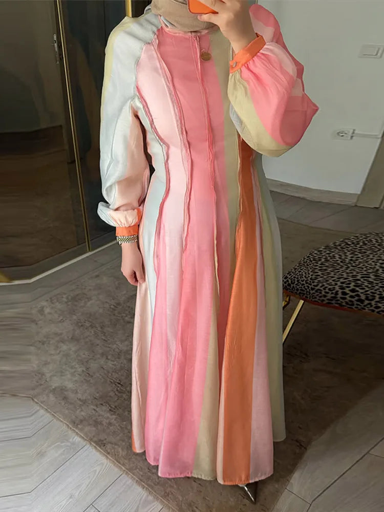 Elegant Chic Color Stripe Balloon Sleeve Dress for Women
