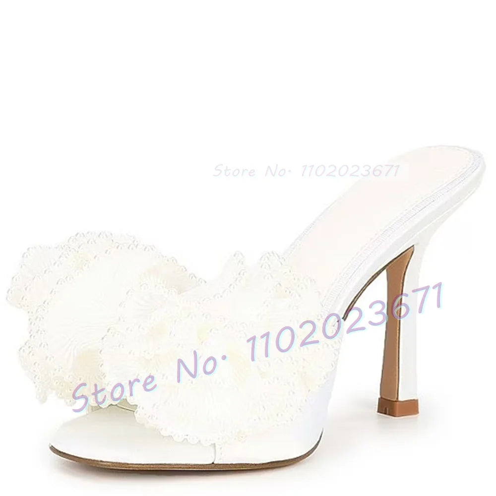 Satin Floral Open Toe Mules With Pearl Trim For Women