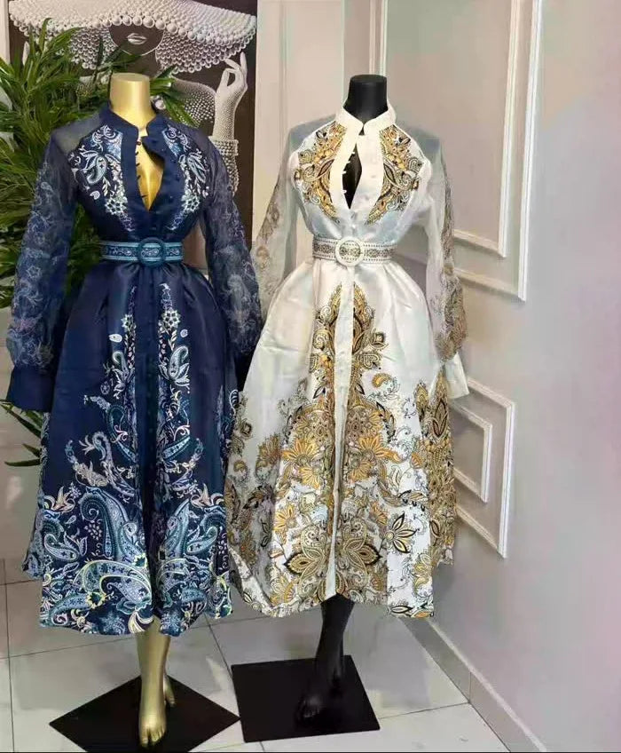 Elegant Printed Mesh Spliced A Line Maxi Dress for Women