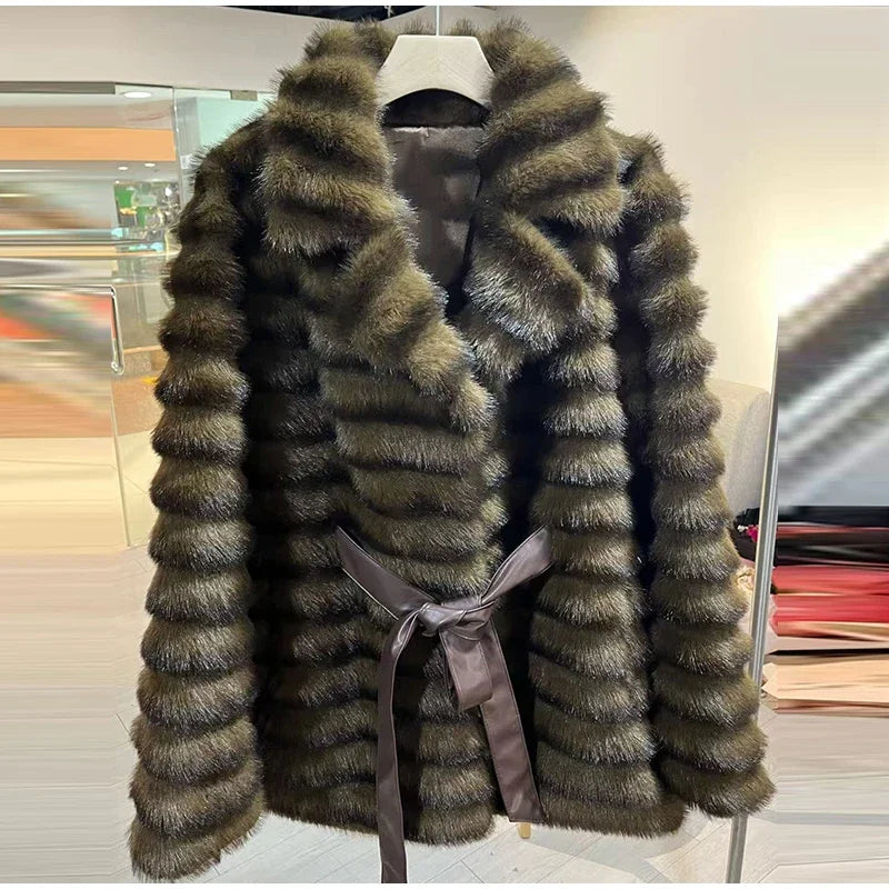 Faux Fur Belted Lapel Coat With Lace Up Front for Women