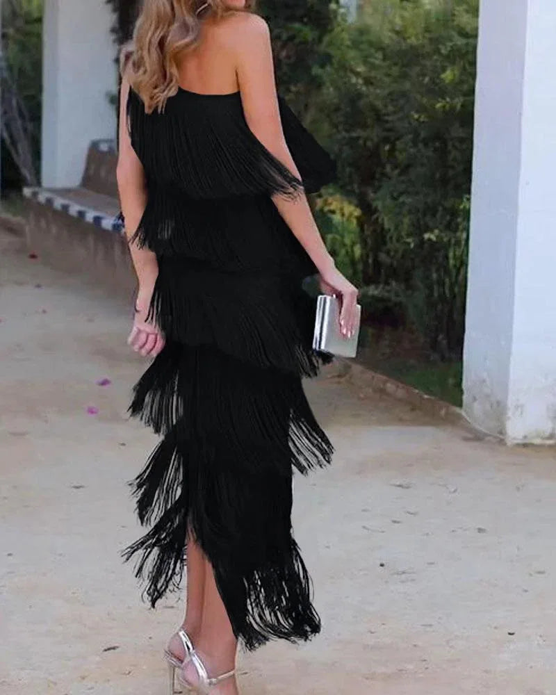 Diagonal Collar Tassel Sleeveless Summer Dress for Women