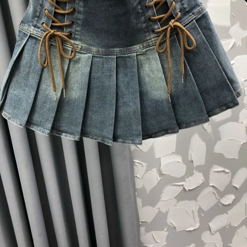 Pleated Skirt Girls Spring Summer New High Waisted Cowboy Short Korean Versatile Elastic Waist Fashion Sweet 2024