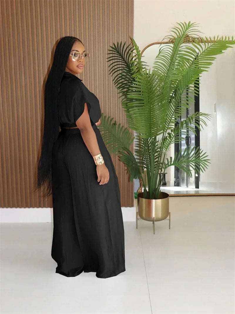 Relaxed Casual Crop Top And Wide Leg Pants Set for Women