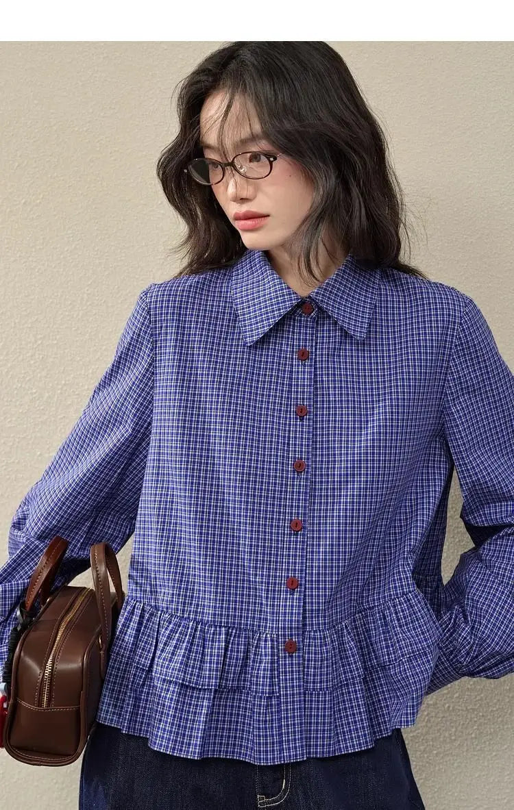 Blue Checkered Ruffle Trim Blouse With Turn Down Collar for Women