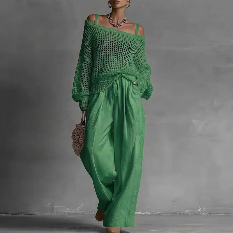 Summer Off Shoulder Crochet Knit Two Piece Set for Women