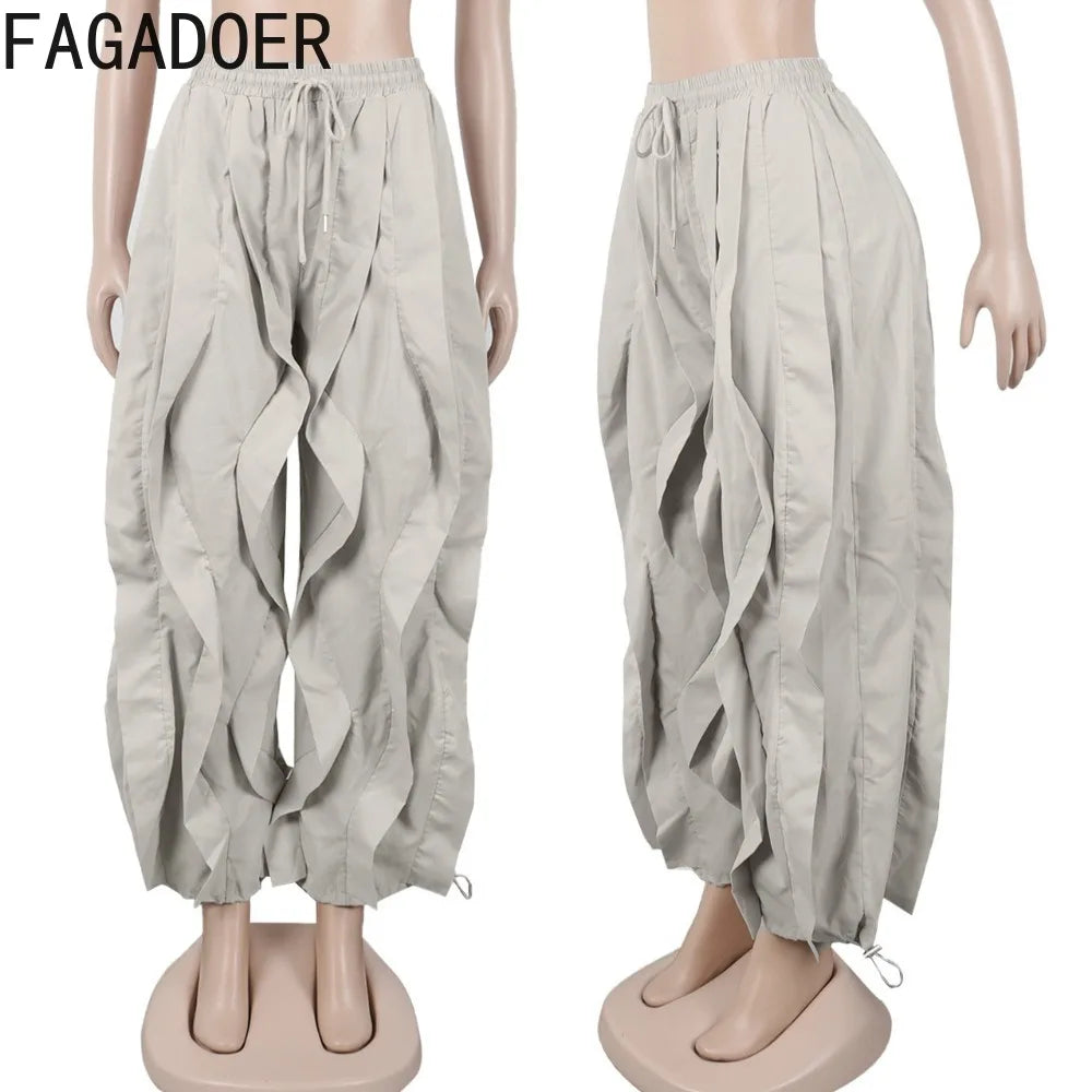 FAGADOER Casual Ruched Patchwork Lantern Sleeve Pants Women High Waist Drawstring Patchwork Pants Female Streetwear Trousers New