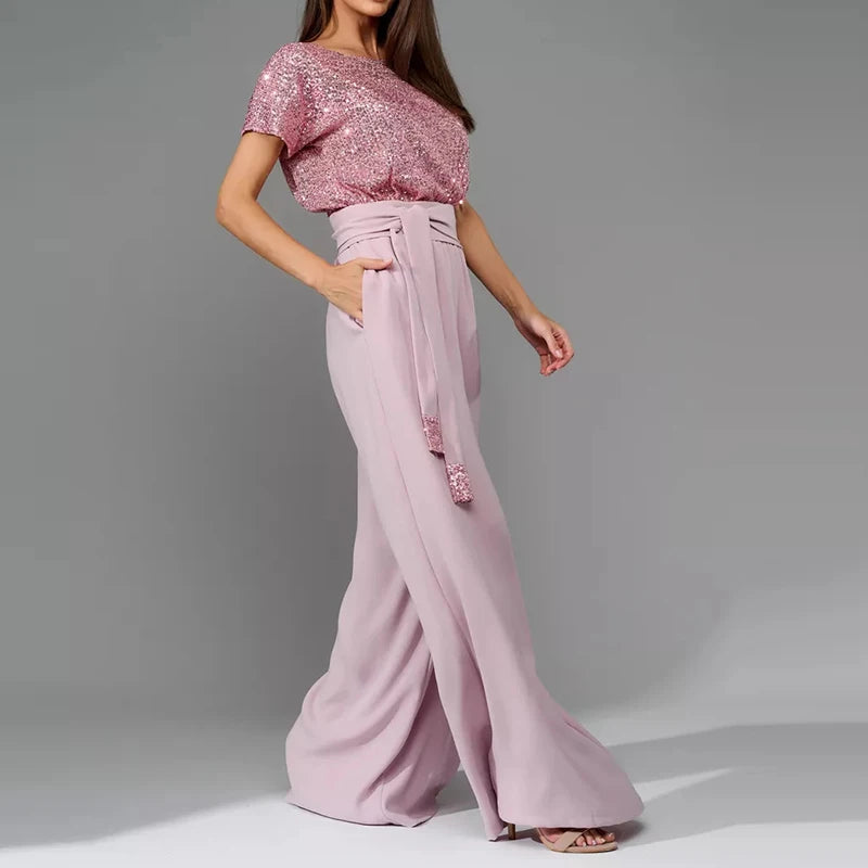 Sequin Patchwork High Waist Jumpsuit with Short Sleeves for Women
