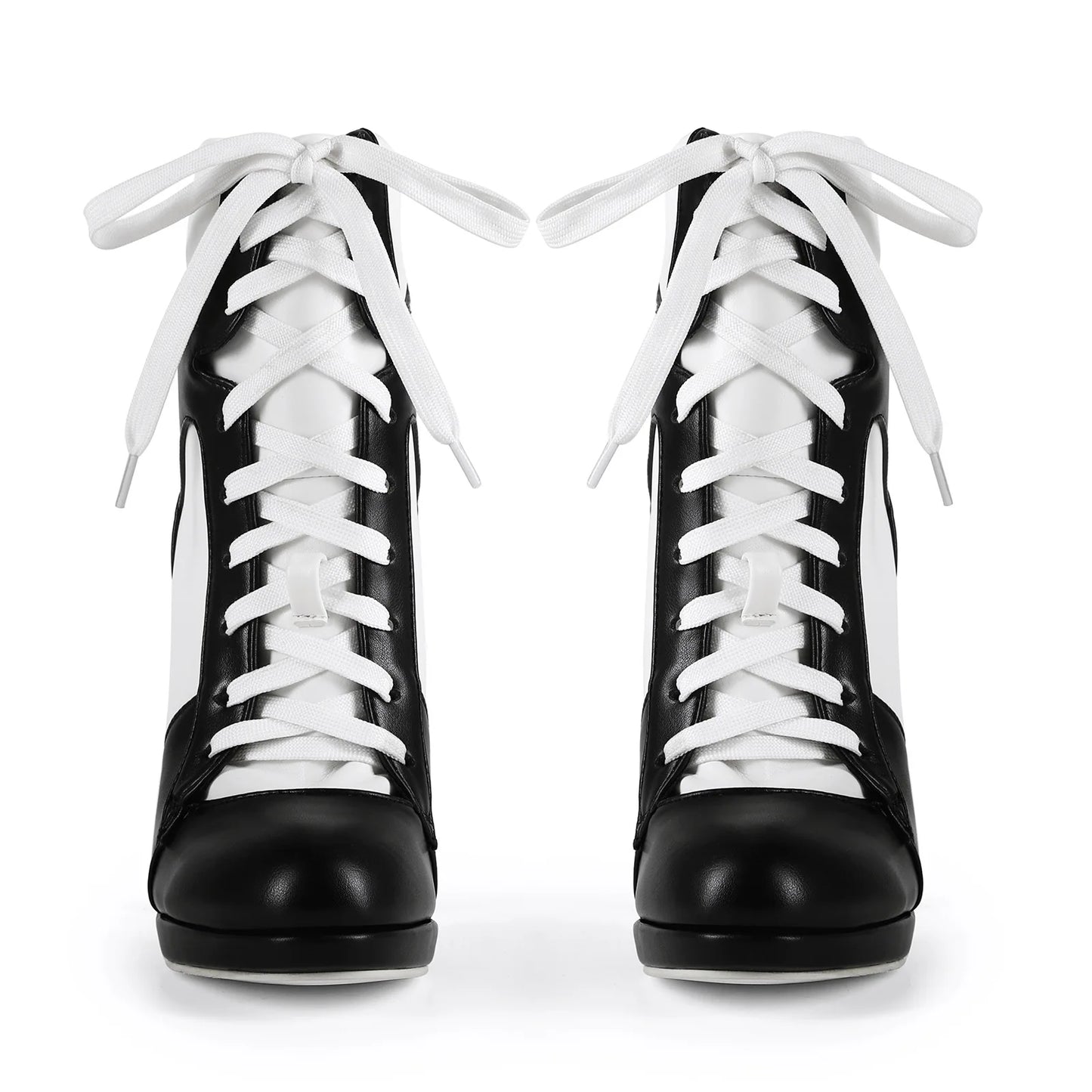 Plus Size Black White Lace-Up Stiletto Mid-Calf Boots For Women