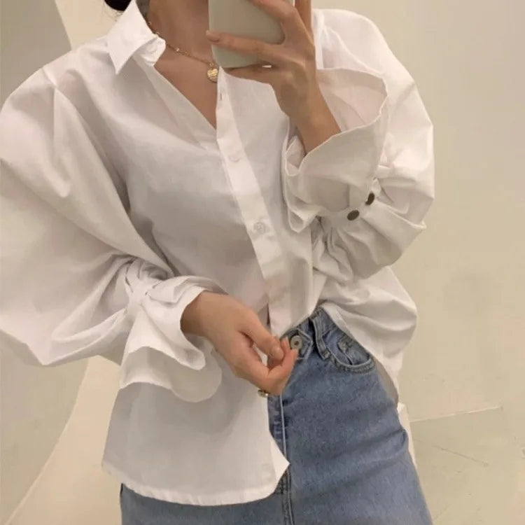 White Puff Sleeve Button-Front Collared Blouse for Women