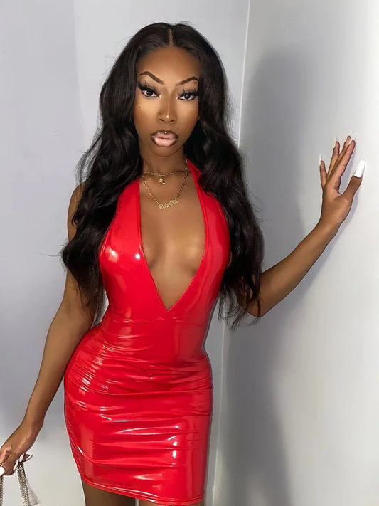 Sexy V Neck Patent Leather Dress Women Sleeveless Faux Latex Tank Dress Party Ladies Backless PVC Bodycon Dress Custom Clubwewar