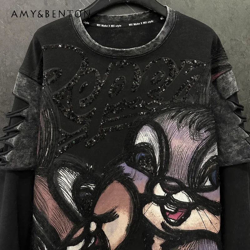 Heavy Industry New Cartoon Distressed Fake Two-Piece Crew Neck Sweatshirt Loose Casual Versatile Top Autumn Long Sleeves Hoodies