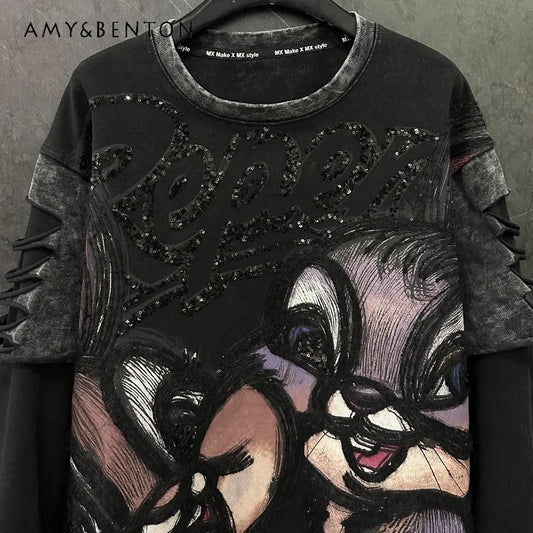 Heavy Industry New Cartoon Distressed Fake Two-Piece Crew Neck Sweatshirt Loose Casual Versatile Top Autumn Long Sleeves Hoodies