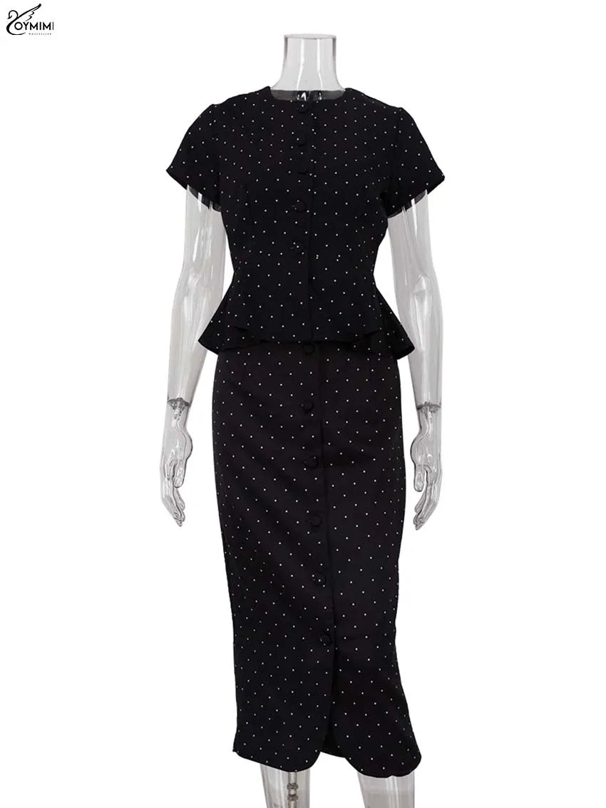 Oymimi Fashion Black Print Two Piece Outfits Woman Elegant Short Sleeve Button Blouses And High Waisted Slim Mid-Calf Skirt Sets