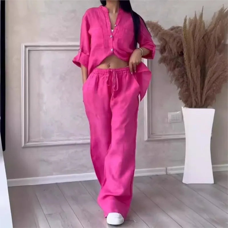 Loose Cotton Linen Shirt And Wide Leg Pants Set For Women
