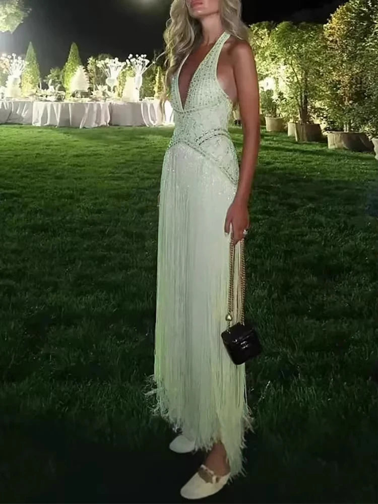 Women Sexy Backless Hollow Sequin Gowns 2026 Elegant Halter Sleeveless Long Dress Fashion Tassel Splicing Waist Slim Party Dress
