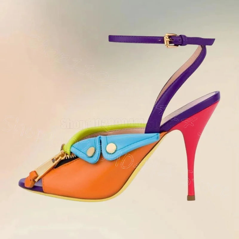 Metal Zipper Colorful Patchwork Leather Buckle Sandals for Women