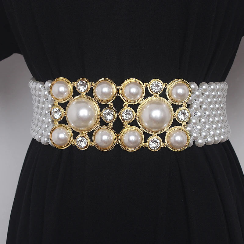 Pearl Embellished Elastic Waist Chain Belt for Women